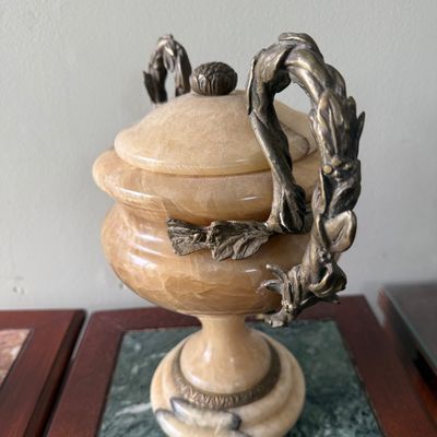 LOT 168" Set of 2 Alabaster/Onyx Faux Urns with Metal Handles