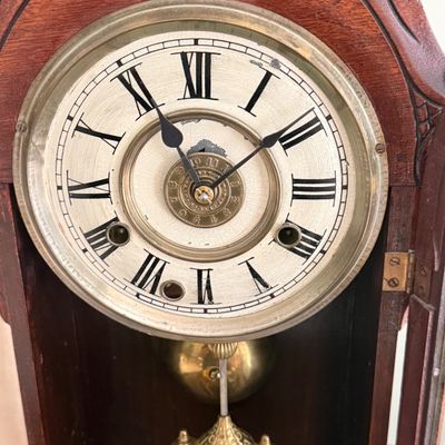 Lot 169: Antique Wooden Parlor Mantel Clock with Keys and Pendulum
