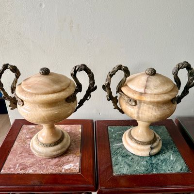 LOT 168" Set of 2 Alabaster/Onyx Faux Urns with Metal Handles