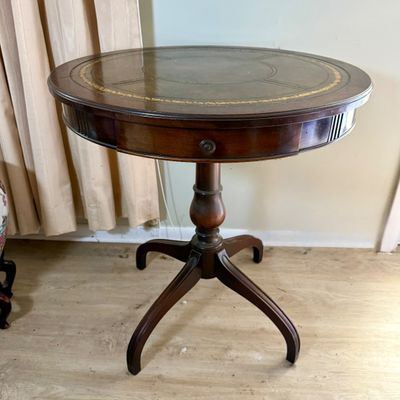 LOT 165: Vintage/Antique Woodend Pedestal Drum Table with Leather Top
