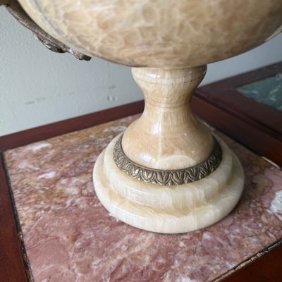 LOT 168" Set of 2 Alabaster/Onyx Faux Urns with Metal Handles