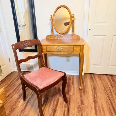 LOT 185: Wood Vanity Table and Mirror and Chair