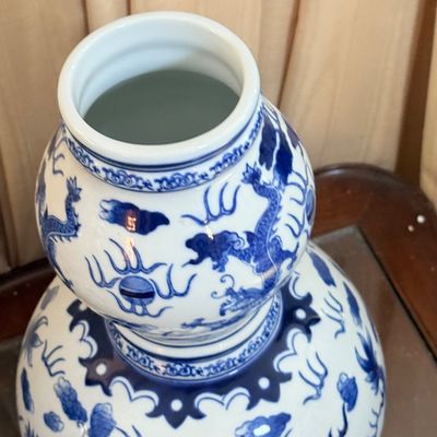 LOT 174: Vintage Blue and White Large Bombay Double Gourd Vase