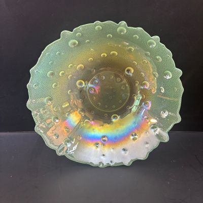 LOT 90: Vintage Green Depression Glass: "Wise Owl" Pitcher, Divided Relish Dish & Console Bowl, Iridescent Carnival Glass...