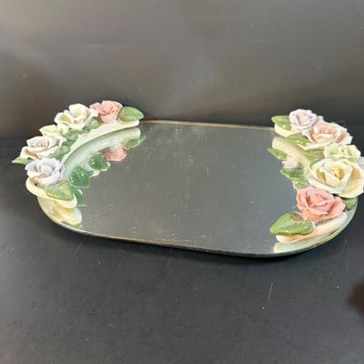 LOT 260: Set of 2 Capodimonte Porcelien Roses on a Mirrored Vanity Tray with Ceramic Roses