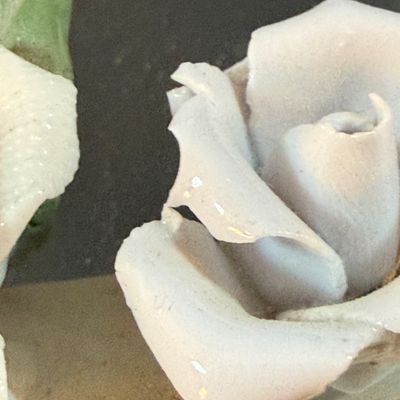 LOT 260: Set of 2 Capodimonte Porcelien Roses on a Mirrored Vanity Tray with Ceramic Roses