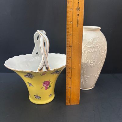 LOT 93: Antique Reflection by I. Godinger & Co. Porcelain Butterfly Basket, Lenox Masterpiece Collection Vase, Pedestal Urn Vases,...