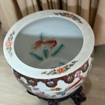 LOT 166: Ceramic Chinese Fishbowl with Wooden Stand