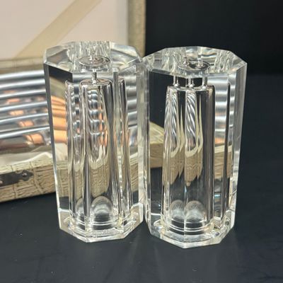 LOT 92: Vintage MCM Rotating Condiment Server, Gensico Knife Set, Crystal Hexagonal Salt/Pepper Shakers & a Pressed Glass Hobnail...