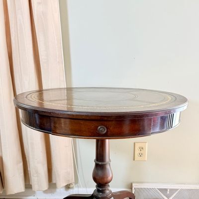 LOT 165: Vintage/Antique Woodend Pedestal Drum Table with Leather Top