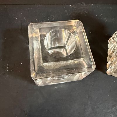 LOT 250: Antique Cast Iron Desk Stand with Hunting Scene and Glass Inkwells and Letter Openers