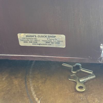 Lot 169: Antique Wooden Parlor Mantel Clock with Keys and Pendulum