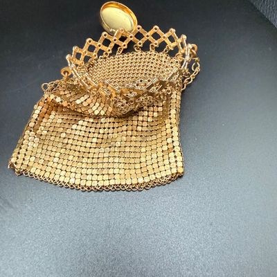 LOT 253: Antique Whiting and Davis Goldtone Metal Mesh Ring Purse, Antique Black Satin Opera Gloves and Embroidered Handkerchiefs