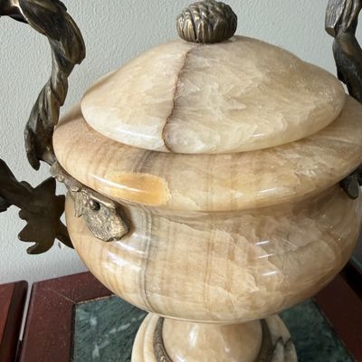 LOT 168" Set of 2 Alabaster/Onyx Faux Urns with Metal Handles