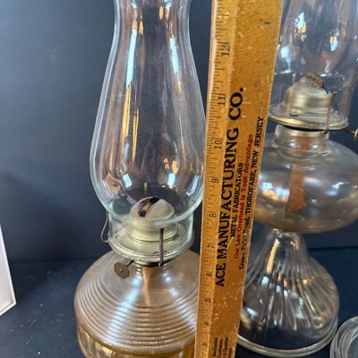 LOT 263: Set of Three Glass Oil Lamps and Vintage Oil Bicycle Lamp
