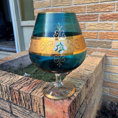 LOT 122: Vintage Blueish Over-Sized Brandy Snifter w/Gilded Accents & Hand Painted Details