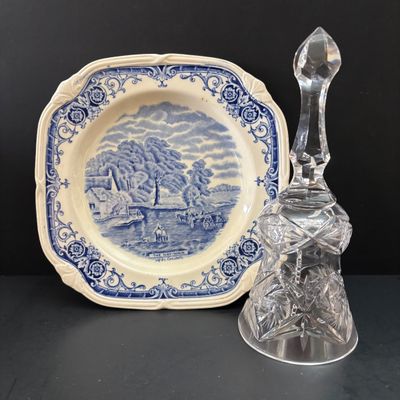 LOT 115: Shannon Crystal Clock, Milk Glass Miniature Urn, Hand-made Folk Art Pin Cushion, BOAC Teacups & More