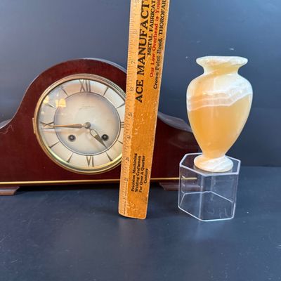 LOT 252: Vintage Junghans Art Deco Mantel Clock and Alabaster Vase