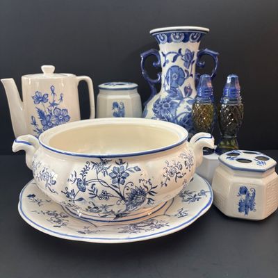 LOT 96: Blue & White Collection: Soup Tureen& Under Plate, Flower Frog, Electric Teapot, Home Accents Vase, Hexagonal Flower...