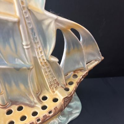 LOT 87: Vintage Czechoslovakian Ceramic Sailing Ship Flower Frog Vase