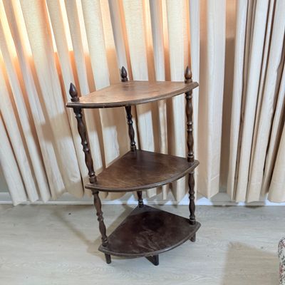 172: Vintage Wooden Corner Shelf, Bookcase, and Upholstered Footstool Set