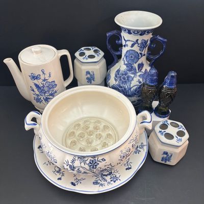 LOT 96: Blue & White Collection: Soup Tureen& Under Plate, Flower Frog, Electric Teapot, Home Accents Vase, Hexagonal Flower...