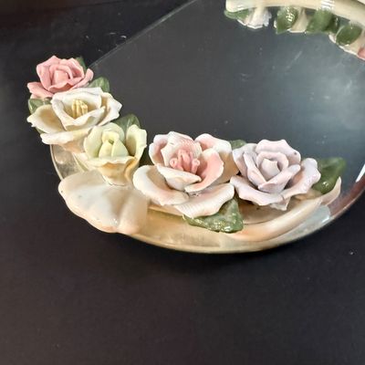 LOT 260: Set of 2 Capodimonte Porcelien Roses on a Mirrored Vanity Tray with Ceramic Roses