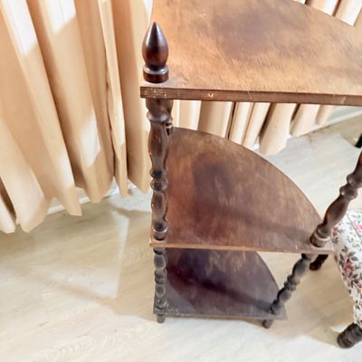 172: Vintage Wooden Corner Shelf, Bookcase, and Upholstered Footstool Set