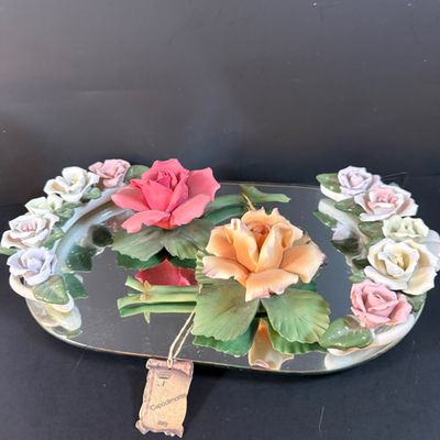 LOT 260: Set of 2 Capodimonte Porcelien Roses on a Mirrored Vanity Tray with Ceramic Roses