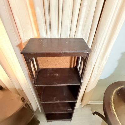 172: Vintage Wooden Corner Shelf, Bookcase, and Upholstered Footstool Set