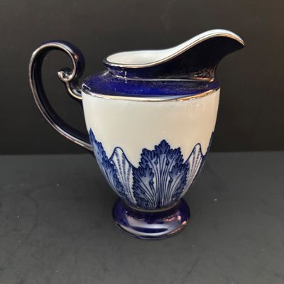 LOT 97: Bombay & Company Arabesque Cobalt Blue & White Teapot, Sugar Bowl, Creamer