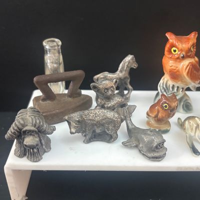 LOT 112: Collection of Miniature Tea Sets, Animals, Pewter Animals and a Vintage Moriage Satsuma=style Porcelain Horse & Carriage...