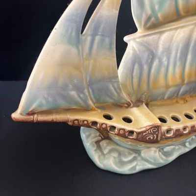 LOT 87: Vintage Czechoslovakian Ceramic Sailing Ship Flower Frog Vase