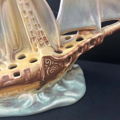 LOT 87: Vintage Czechoslovakian Ceramic Sailing Ship Flower Frog Vase