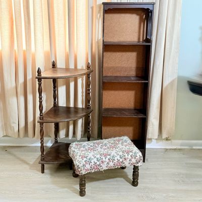172: Vintage Wooden Corner Shelf, Bookcase, and Upholstered Footstool Set