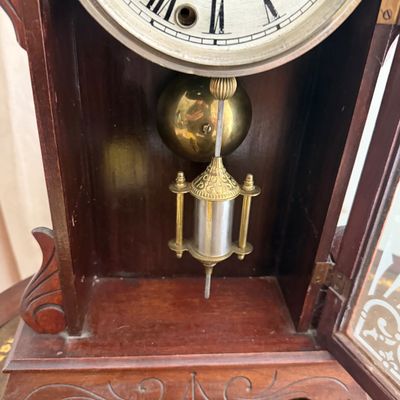 Lot 169: Antique Wooden Parlor Mantel Clock with Keys and Pendulum