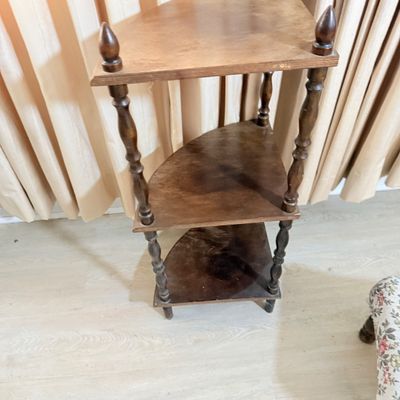 172: Vintage Wooden Corner Shelf, Bookcase, and Upholstered Footstool Set