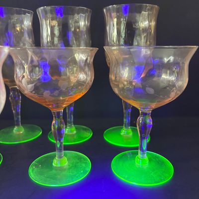 LOT 105: Vintage Pink "Watermelon" & Uranium Depression Stemware
