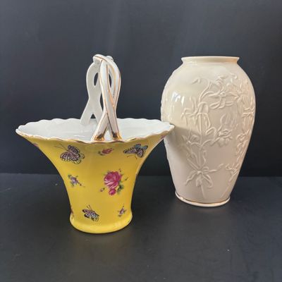 LOT 93: Antique Reflection by I. Godinger & Co. Porcelain Butterfly Basket, Lenox Masterpiece Collection Vase, Pedestal Urn Vases,...