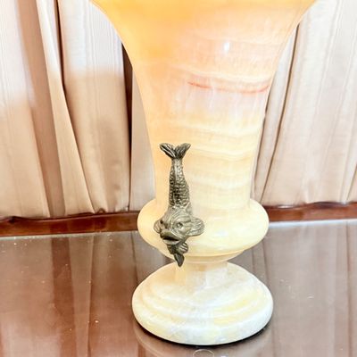 LOT 173: Vintage Carved Onyx Vase with Metal Koi Handles
