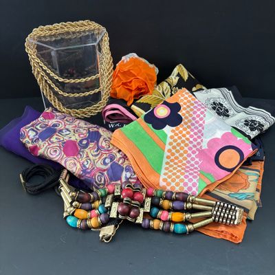 LOT 110: Vintage Scarves, Gold Tone Chain Necklace (1 is Monet), Vibrant Muti Colored Belt
