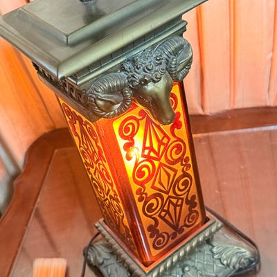 LOT 175: Hollywood Regency Style Metal and Glass Table Lamp with Cast Metal Ram's Head