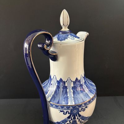 LOT 98: Vintage Bombay & Co. Cobalt Blue & White Footed Coffee Pot, "Grace" Mug, Porcelain Handle Serving Pieces &...