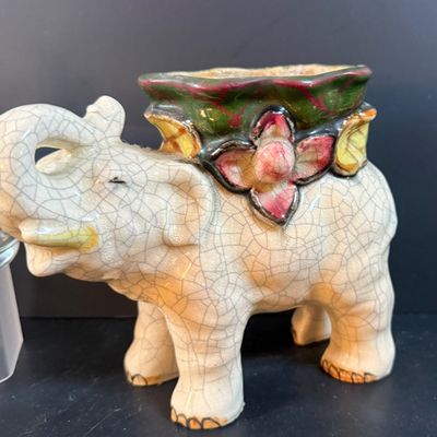 LOT 249: Elephant Collection Including a Planter, Figurines, Glass Trinket Box and a Giraffe Brass Bell