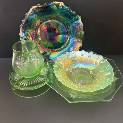 LOT 90: Vintage Green Depression Glass: "Wise Owl" Pitcher, Divided Relish Dish & Console Bowl, Iridescent Carnival Glass...