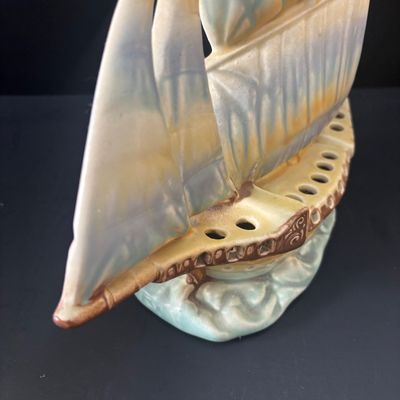 LOT 87: Vintage Czechoslovakian Ceramic Sailing Ship Flower Frog Vase