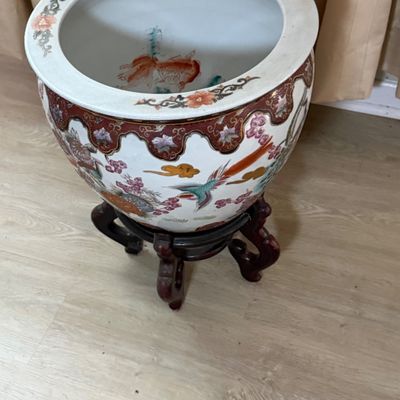 LOT 166: Ceramic Chinese Fishbowl with Wooden Stand