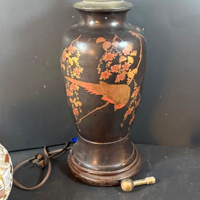 LOT 262: Vintage/Antique Asian Inspired Enamel Lamp and Nippon Porcelain Ginger Jar
