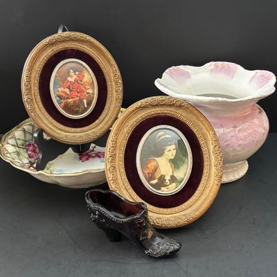 LOT 117: Vintage A. Cameo Creations Lady Hamilton & Master Lambton, Amethyst Glass Shoe, Vintage Jardiniere & More