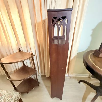 172: Vintage Wooden Corner Shelf, Bookcase, and Upholstered Footstool Set